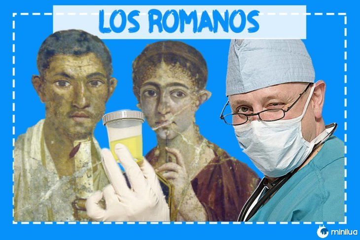 pintura romana de duas pessoas, antes de um médico com uma amostra de urina