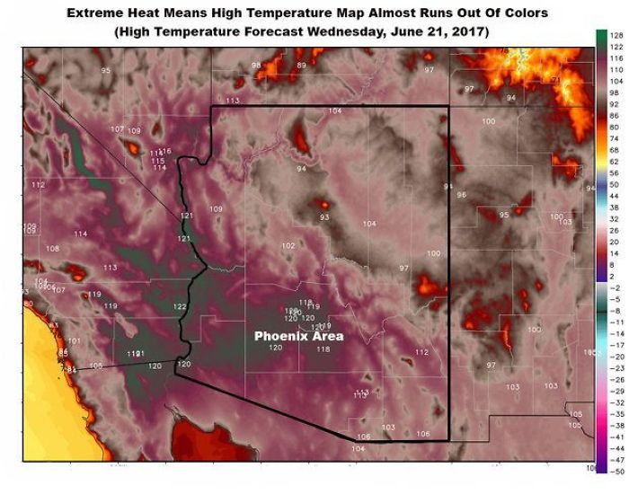Mapa do clima do Arizona tão quente quase corre fora das cores