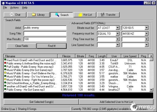 Captura de tela do programa Napster para baixar música 