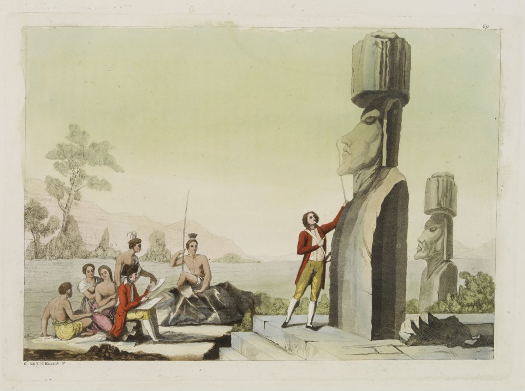 desaparecimento da ilha da Páscoa - os europeus examinam as estátuas, cerca de um século após o primeiro contato.