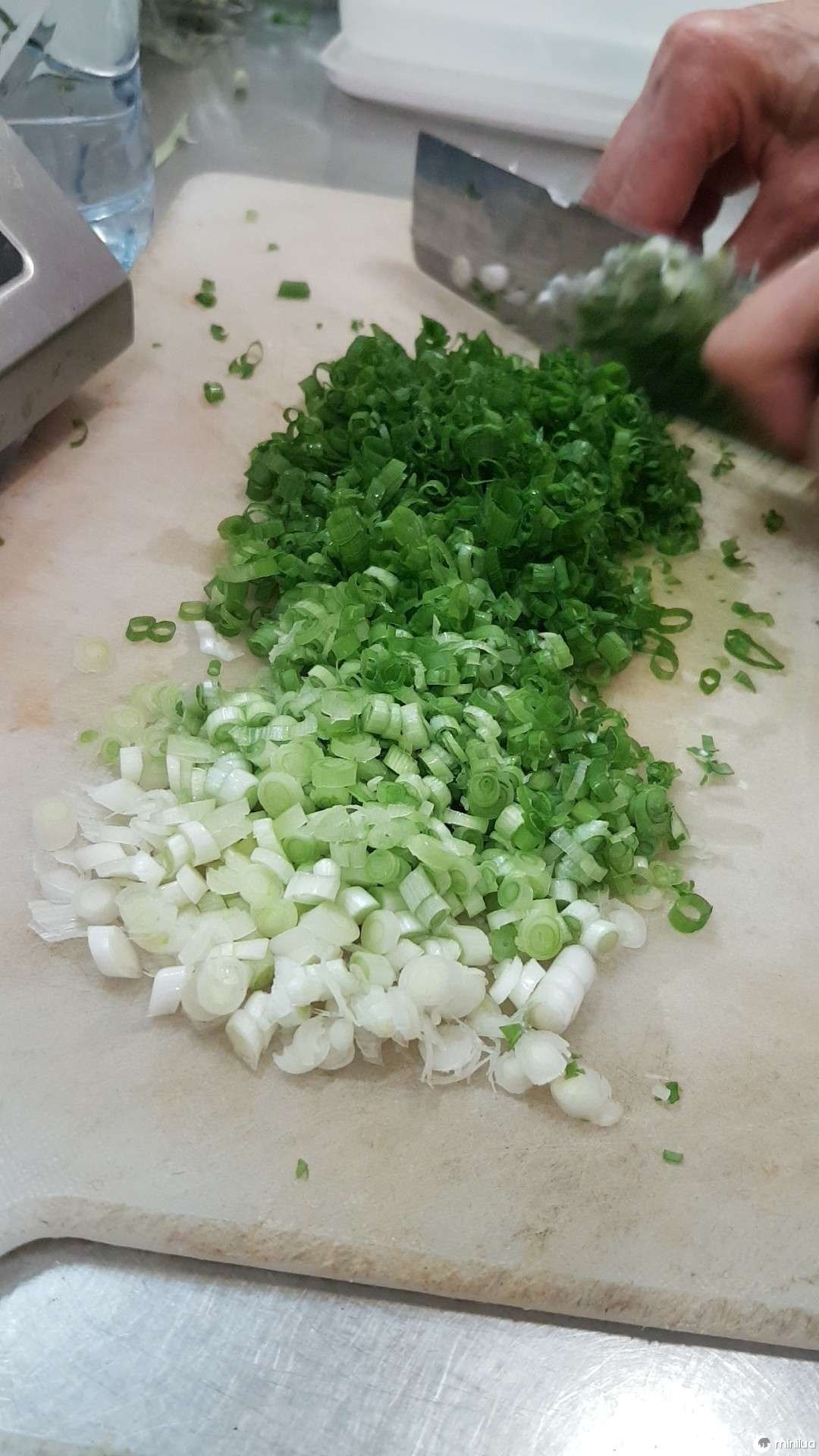 It takes a master chef to leave a trail of color transition as they cut these scallions to a million bits.