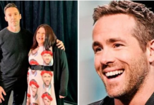 Fã faz brincadeira com Hugh Jackman usando um vestido com o rosto de Ryan Reynolds estampado