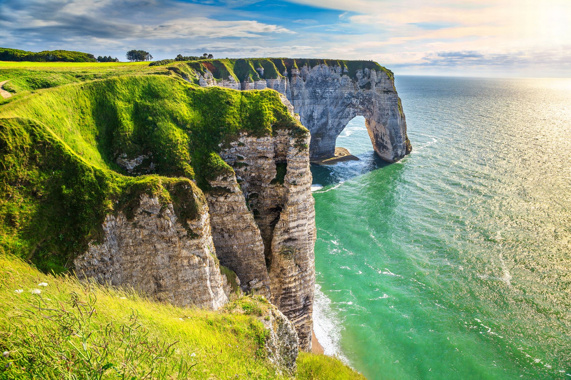 Spectacular natural cliffs Aval of Etretat and beautiful famous coastline in France