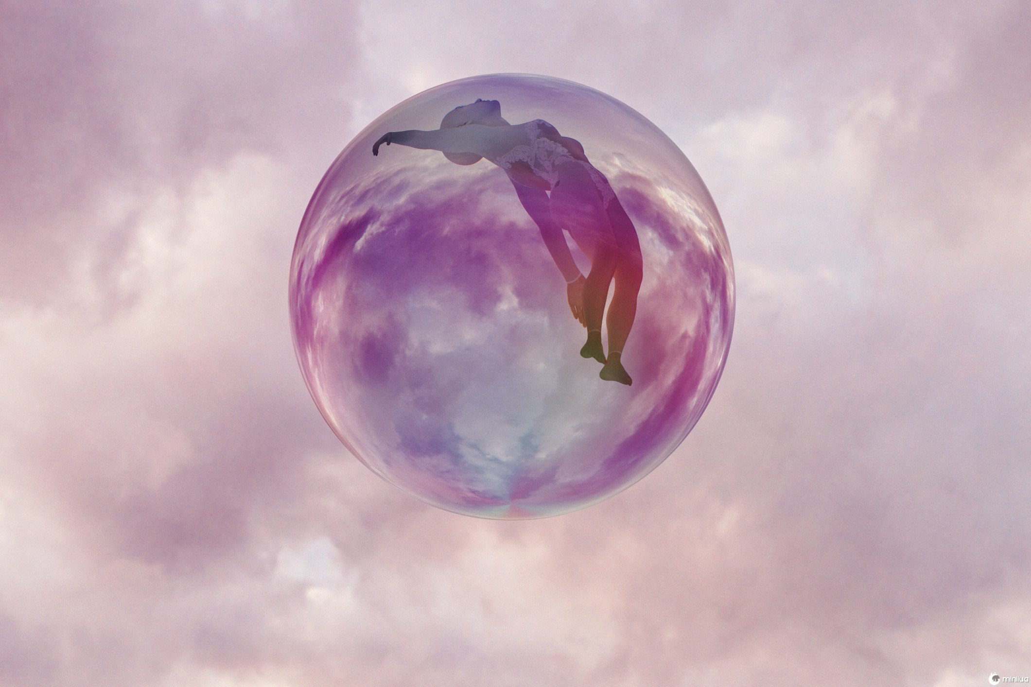 A photo of a woman inside a purplish marble floating in the sky.