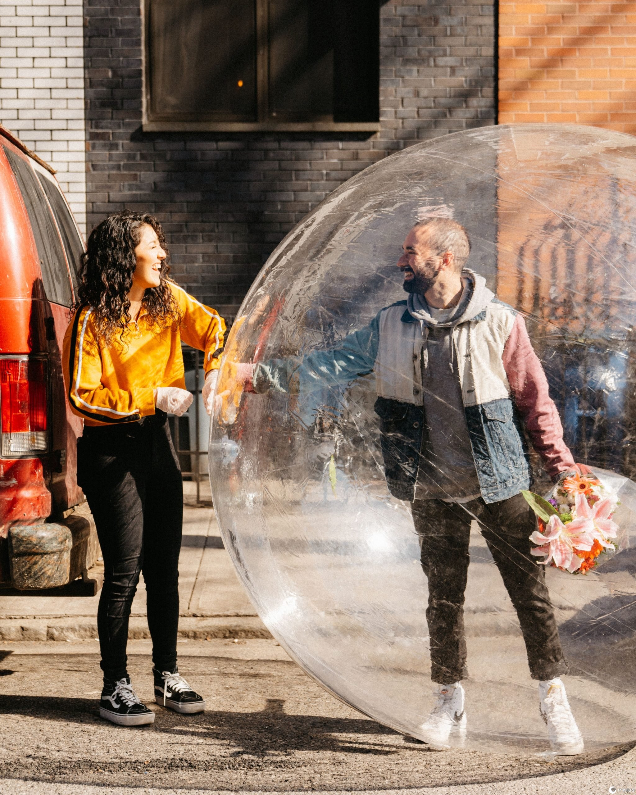 man in bubble while on date