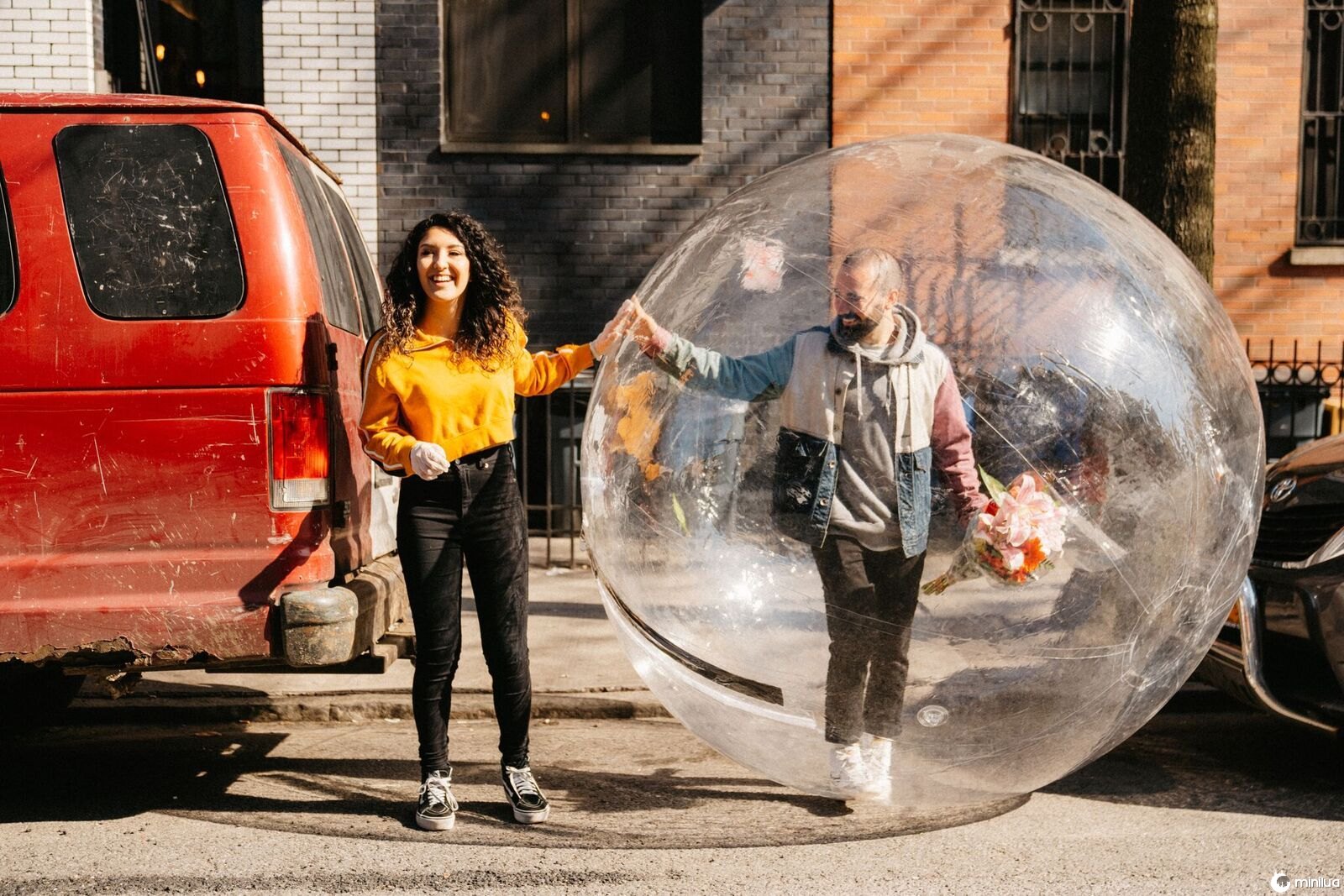 man in bubble while on date