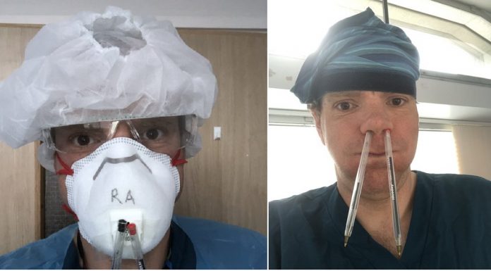 Médico usa calça descartável na cabeça depois de ficar sem redes para o cabelo