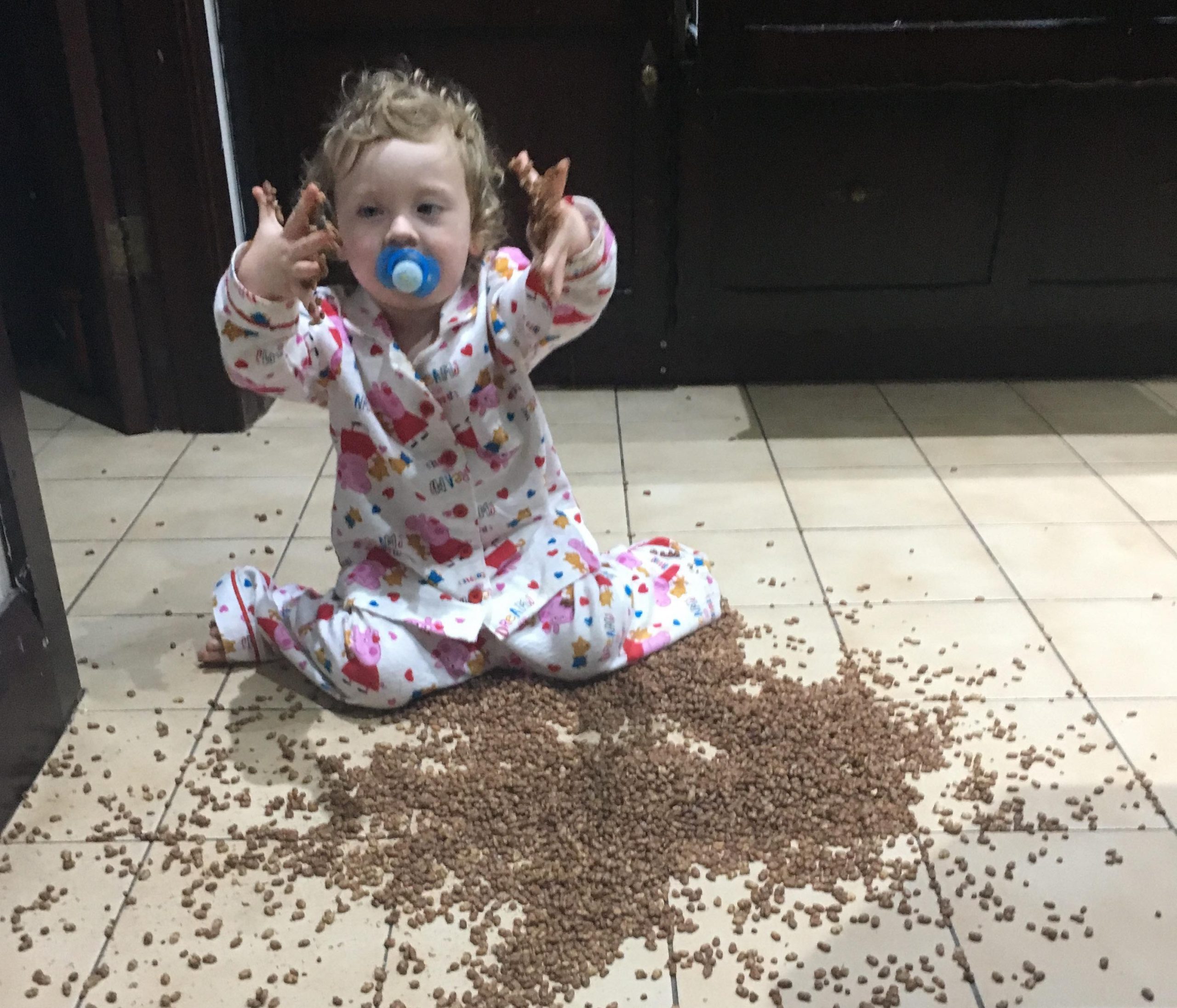 One-year-old Evelyn from Liverpool was feeling a bit peckish, so helped herself to cereal. She was extra careful in making sure she distributed the cereal all over the floor.
