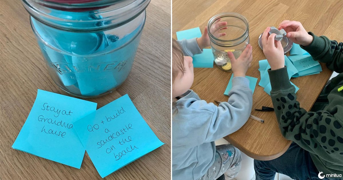 Split image of a jar with children's bucket list wishes 