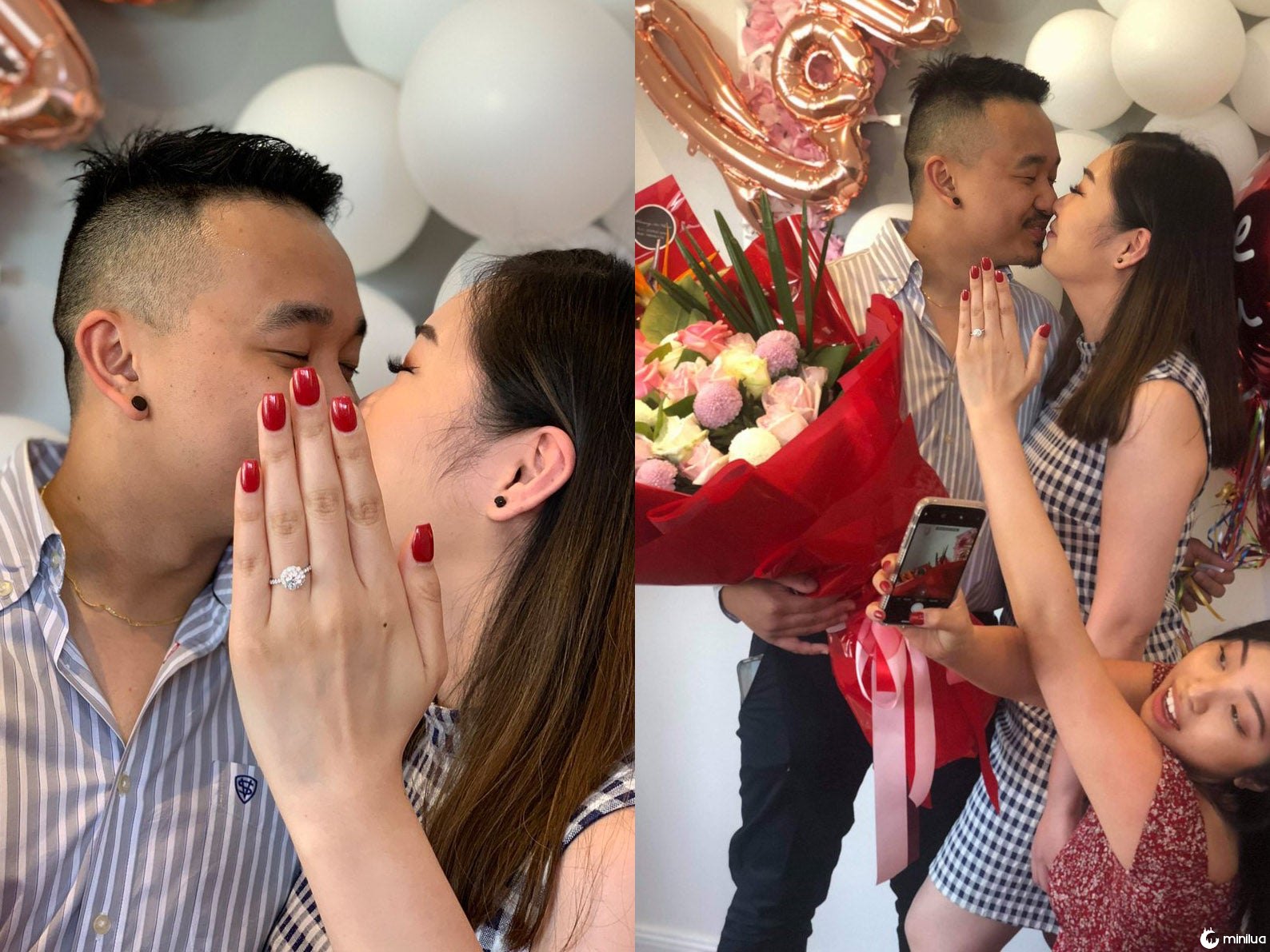 Twitter user @goodgaljenjen shared photos of how she modelled her cousin's engagement ring for the couple's announcement photo

