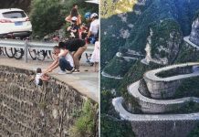 Momento tenso, pai balança criança sobre a borda do penhasco para posar para fotos