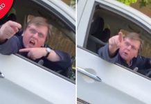 Motorista furioso com o homem por não se distanciar socialmente - enquanto está sentado no carro