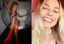 Margot Robbie se transforma em Ginger Spice com um minivestido Union Jack para o Halloween